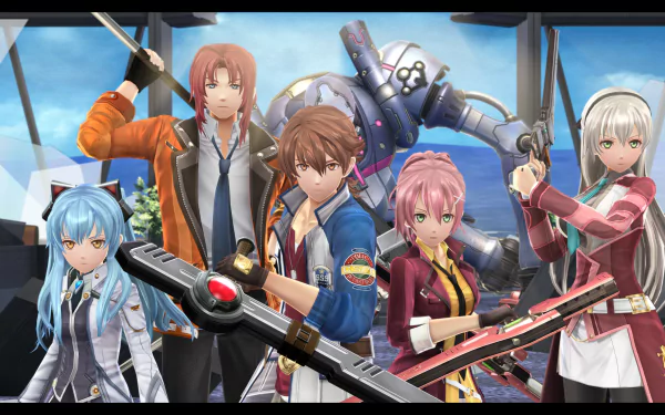 HD desktop wallpaper from The Legend of Heroes: Trails into Reverie, featuring key characters poised for action with a dynamic sky backdrop.