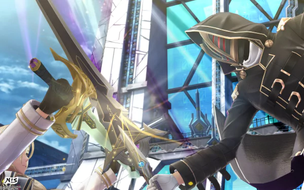 HD desktop wallpaper from The Legend of Heroes: Trails into Reverie featuring two characters dueling with swords amidst a bright, futuristic backdrop.