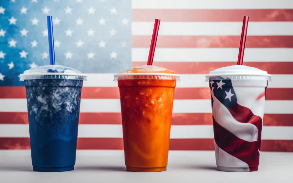 Three vibrant Slurpee cups, featuring patriotic designs, stand prominently against a backdrop of the American flag, creating a striking HD desktop wallpaper.