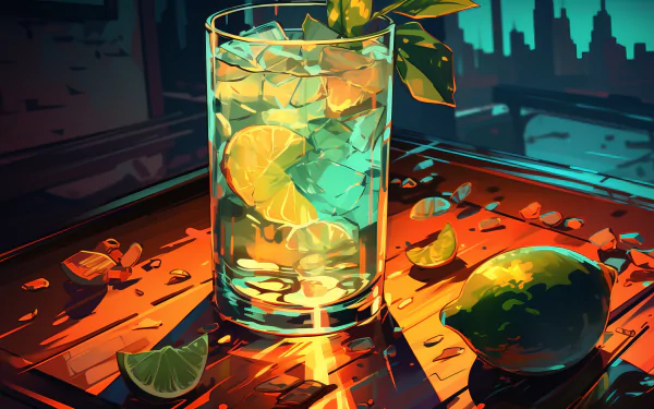 A vibrant HD wallpaper featuring a refreshing mojito cocktail in a glass, surrounded by lime wedges and ice, set against a stylized city backdrop.