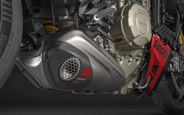 HD wallpaper of a close-up view of the Ducati Streetfighter V4 engine, showcasing its design details.