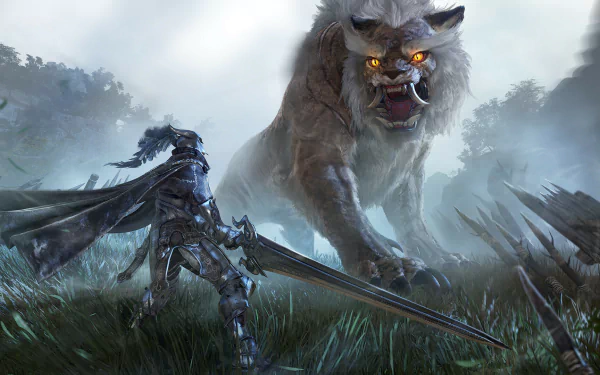 HD wallpaper featuring a warrior facing a giant roaring beast in the game Black Desert Online, set in a misty forest.