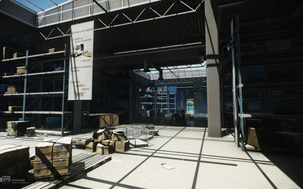 HD desktop wallpaper from the video game Escape from Tarkov, featuring a detailed scene of a shadowy, sunlit warehouse interior.