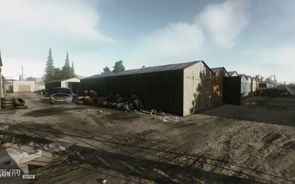 HD desktop wallpaper from the video game Escape from Tarkov, featuring a detailed scene of a military depot with abandoned vehicles and scattered debris under a clear sky.