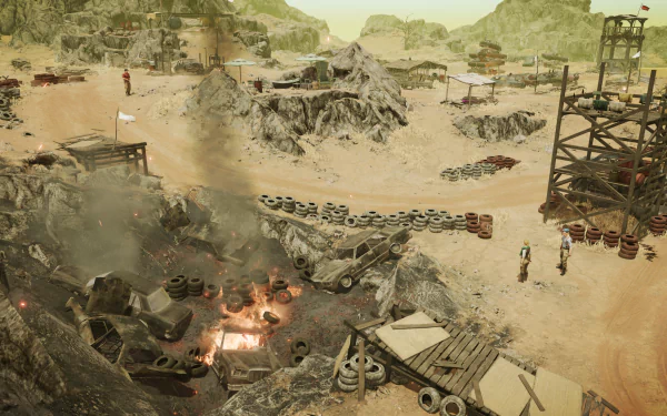 HD desktop wallpaper from Jagged Alliance 3 featuring a detailed war-torn base camp with scattered debris and soldiers amidst desert terrain.