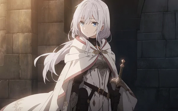An anime girl with long white hair and a white cloak stands in a dimly lit stone corridor, rendered in stunning 8K Ultra HD for a PC desktop wallpaper.