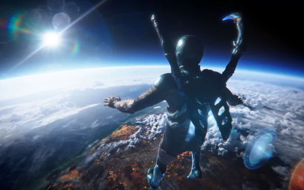 HD wallpaper featuring the Blue Beetle superhero from DC Comics, Jaime Reyes, soaring above Earth with a vivid backdrop of the planet's atmosphere and the glowing sun.