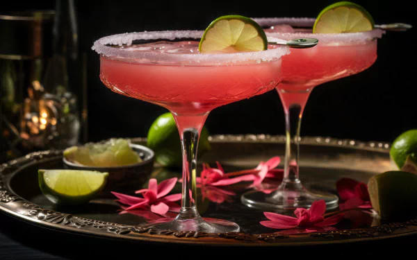 HD desktop wallpaper of two pink daiquiris garnished with lime on a tray, created with AI Art, displaying a sophisticated aesthetic.