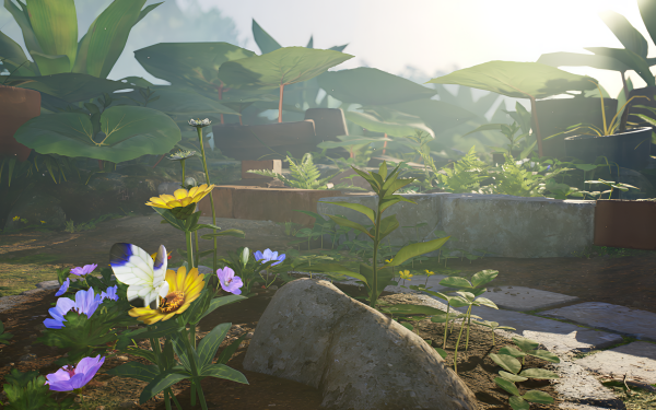 HD desktop wallpaper of Pikmin 4 game, featuring colorful flowers and lush plant life bathed in sunlight.