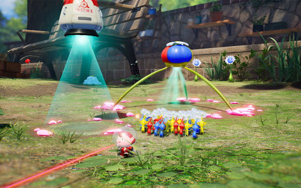 HD wallpaper of Pikmin 4 featuring colorful Pikmin characters in a vibrant garden setting with spaceship.