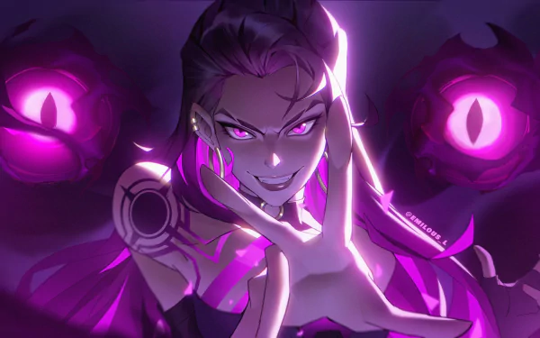 HD desktop wallpaper featuring Reyna from Valorant with glowing purple eyes and energy orbs, showcasing the video game’s dark, intense aesthetic.