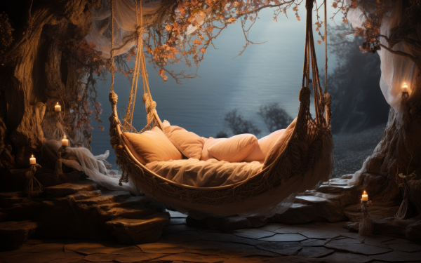 Enchanting AI-generated HD wallpaper featuring a cozy hammock in an atmospheric cave with soft lighting and serene surroundings, perfect for a desktop background.