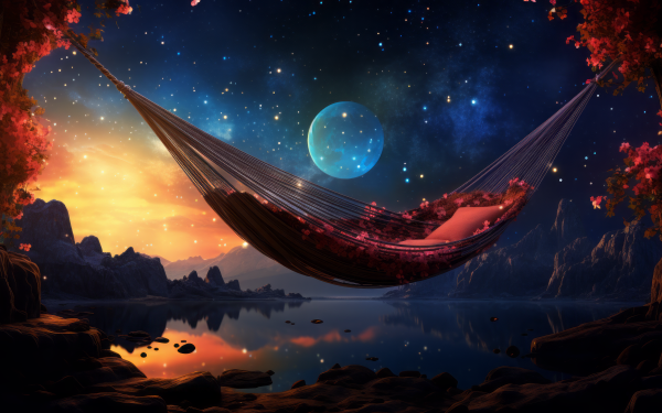 HD desktop wallpaper featuring AI art of a tranquil hammock scene with a glistening moon over a serene lake, encircled by autumn-colored trees under a starry night sky.