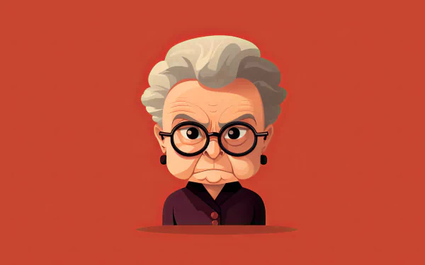 HD desktop wallpaper featuring an illustrated AI art portrait of a stern-looking grandmother with glasses on a red background.