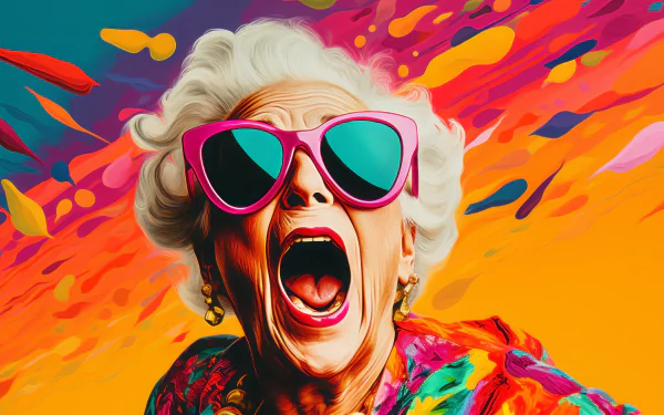 Vibrant HD wallpaper featuring AI art of an excited grandmother in pop art style with colorful background.