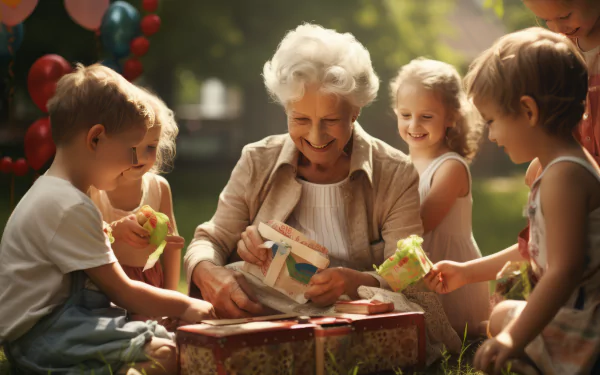 An engaging AI-generated artwork depicting a grandmother joyfully unwrapping gifts surrounded by children, capturing a heartwarming moment in a sunny outdoor setting.