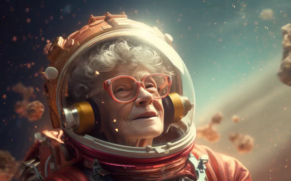 AI-generated art of a smiling grandmother in astronaut gear surrounded by space rocks as HD desktop wallpaper.