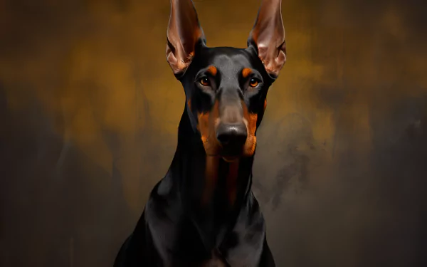 HD desktop wallpaper featuring a majestic Doberman Pinscher against a textured golden-brown background.