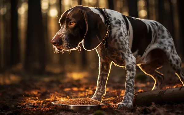 HD wallpaper of a German Shorthaired Pointer dog standing beside a plate in a sunlit forest.