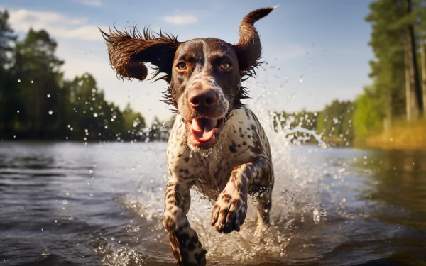 HD desktop wallpaper of a playful German Shorthaired Pointer running energetically through water, with ears flapping and water splashing around.