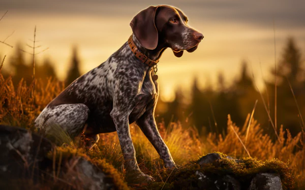 HD desktop wallpaper featuring a German Shorthaired Pointer sitting on a mossy rock at sunset, with a forest backdrop.