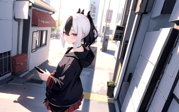 HD PC desktop wallpaper featuring Onikata Kayoko from the video game Blue Archive, standing in a sunlit urban alley with a smartphone in hand.