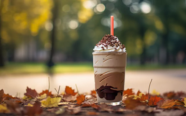 HD wallpaper of a coffee milkshake surrounded by autumn leaves, topped with whipped cream and chocolate sprinkles, set in a serene outdoor setting.