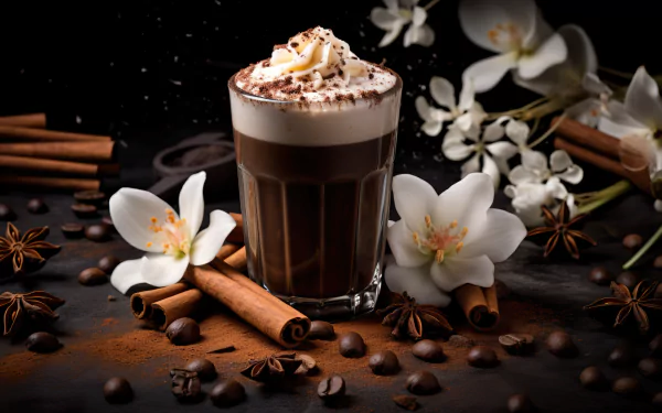 HD desktop wallpaper featuring a rich chocolate and vanilla milkshake, garnished with whipped cream, surrounded by coffee beans, cinnamon sticks, anise stars, and white flowers.