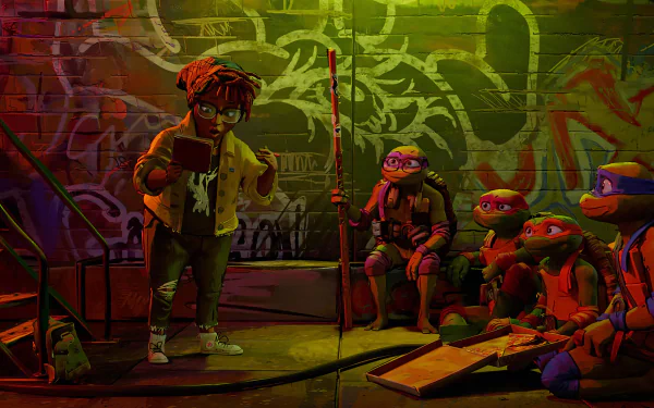 A vibrant HD wallpaper from Teenage Mutant Ninja Turtles: Mutant Mayhem, featuring animated turtles listening to a character in a graffiti-covered urban setting.