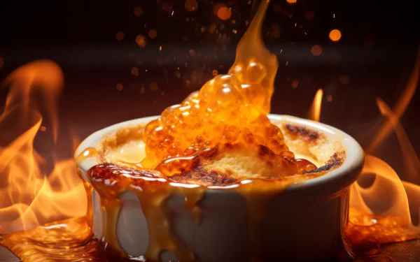 A stunning HD image of crème brûlée with caramelized sugar cracking and flames dancing around, creating an appetizing and dramatic food background.