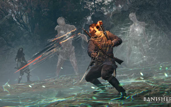 HD desktop wallpaper from Banishers: Ghosts of New Eden showing a character wielding a bow with ghostly figures and a warrior in a misty forest.