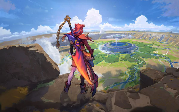 HD desktop wallpaper featuring a character from League of Legends, overlooking a vast landscape from a rocky ledge.