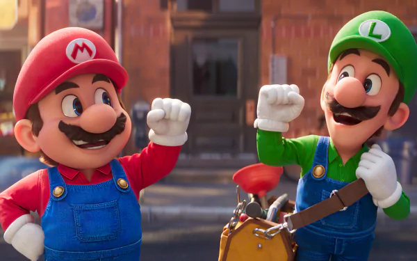 HD desktop wallpaper from the 2023 Super Mario Bros. movie featuring animated characters Mario and Luigi in a lively pose on a city street background.