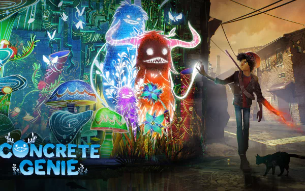 HD desktop wallpaper from the video game Concrete Genie depicting a boy painting vibrant, magical creatures on a dark alley wall, with a small cat nearby.