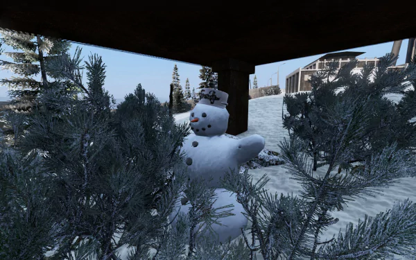 HD PC desktop wallpaper and background from the video game DayZ showing a snowy landscape with a crooked snowman peeking through frost-covered bushes under a wooden porch.