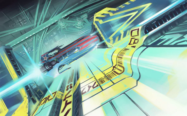 HD desktop wallpaper from Wipeout Omega Collection featuring a futuristic race track with a high-speed hovercraft in motion.