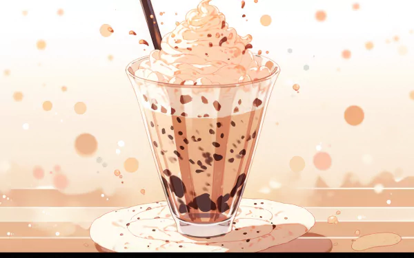 A delicious coffee milkshake topped with whipped cream and drizzled with chocolate, presented in a clear glass on a plate, set against a softly blurred background.