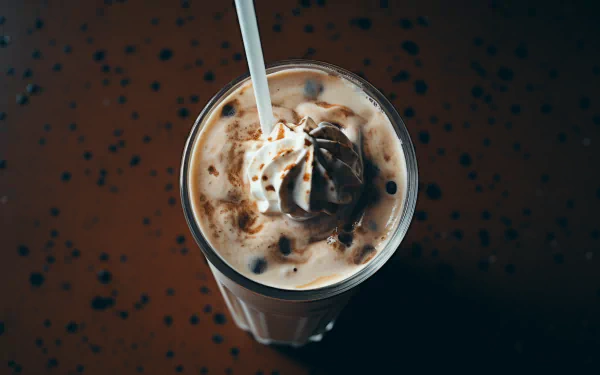 A delicious coffee milkshake topped with whipped cream and chocolate sprinkles, presented in a tall glass with a straw, captured as a high-definition desktop wallpaper.