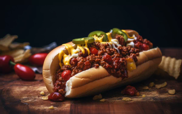 HD desktop wallpaper featuring a delicious chili dog garnished with jalapeños and drizzled with sauces on a wooden surface with scattered chips and tomatoes.