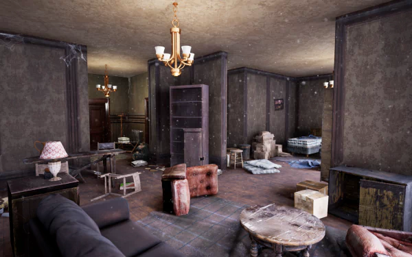 HD desktop wallpaper from the video game Hotel Renovator featuring a dimly lit, dilapidated hotel room with scattered furniture and debris.
