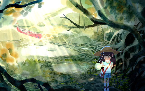 A HD desktop wallpaper featuring a scene from the video game Dordogne with a young girl in a sunlit forest, approaching a river with a canoe.