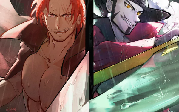 A dynamic 4K Ultra HD wallpaper featuring Shanks and Dracule Mihawk from One Piece, showcasing their intense expressions and iconic styles in a dramatic setting.