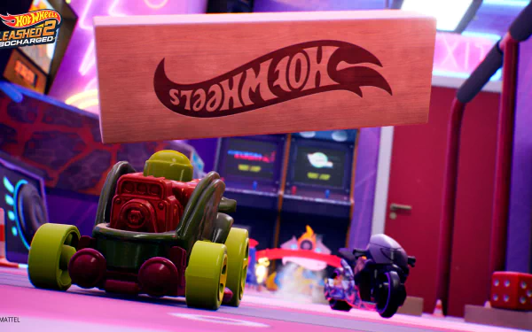 HD desktop wallpaper featuring a scene from Hot Wheels Unleashed 2: Turbocharged, with a vibrant toy car under a floating Hot Wheels sign.