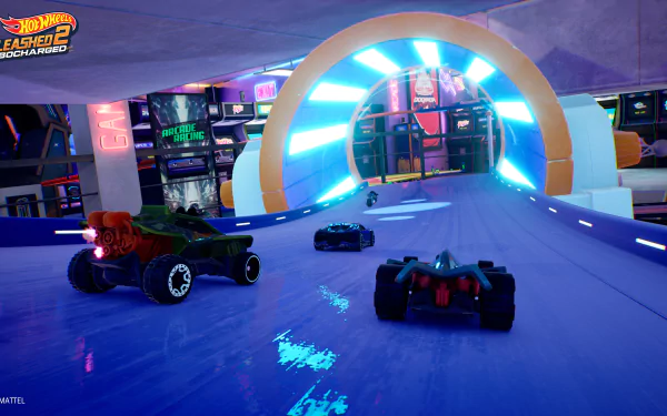 HD wallpaper from Hot Wheels Unleashed 2: Turbocharged featuring colorful toy cars racing on a vibrant arcade track.