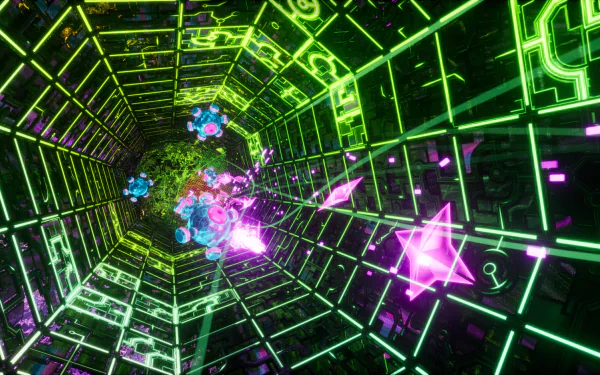 HD desktop wallpaper of a vibrant digital tunnel from System Shock (2023) video game, featuring neon green and pink geometrical patterns and floating symbols.