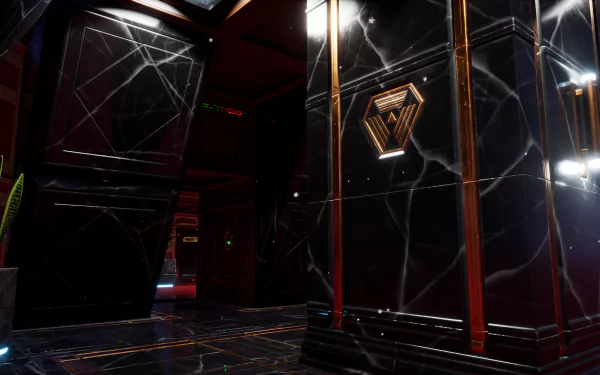 HD desktop wallpaper from the video game System Shock (2023), depicting a sleek, futuristic room with metallic surfaces and geometric patterns.