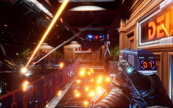 HD desktop wallpaper from System Shock (2023) depicting a dynamic first-person shooter scene inside a futuristic corridor with laser beams and a hovering drone adversary.