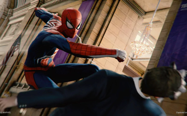 HD desktop wallpaper from Marvel's Spider-Man Remastered video game, featuring Spider-Man in action, swinging away from an adversary.