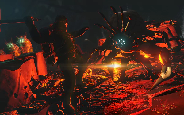 HD desktop wallpaper from the video game Edge of Nowhere, featuring a character confronting a giant, multi-legged creature in a fiery, cave-like setting.