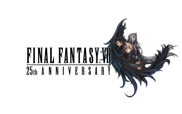 HD desktop wallpaper celebrating the 25th anniversary of Final Fantasy VII featuring stylized character art and logo.